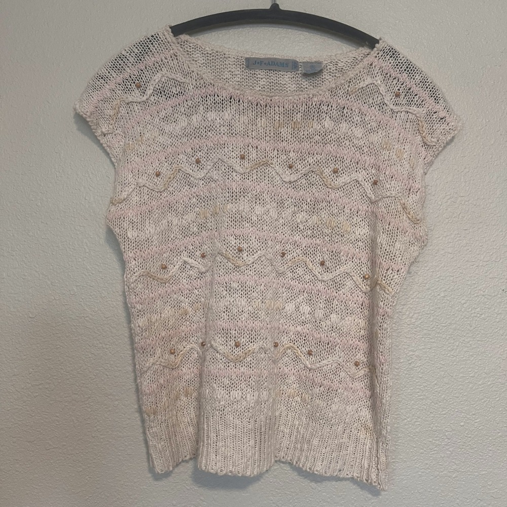 J F Adams Knit Top Embellished Sleeveless Beige Pink Zig Zag Pattern‎ Size S